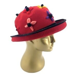 Whittaker & Shon 100% Doeskin Wool Red Felt‎ Hat Velvet Flowers Made In USA